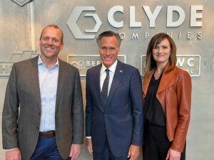 MItt Romney with Jeremy Hafen and Ally Isom, visits Clyde Companies